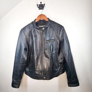 Whet Blu Vintage Black Leather Bomber Jacket Coat Size Medium Moto Classic 90s